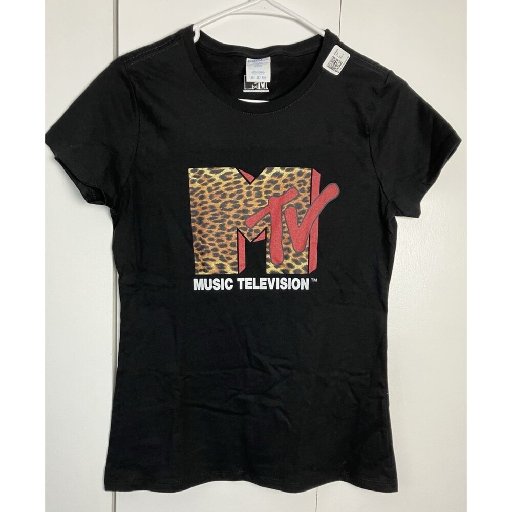 MTV Leopard Print Graphic Crew Neck Black T Shirt NWT Size XS